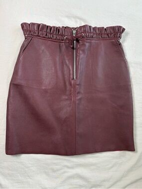 Maje Jet Leather Burgundy Paperbag Mini Skirt w/ Front Zipper and Drawstring